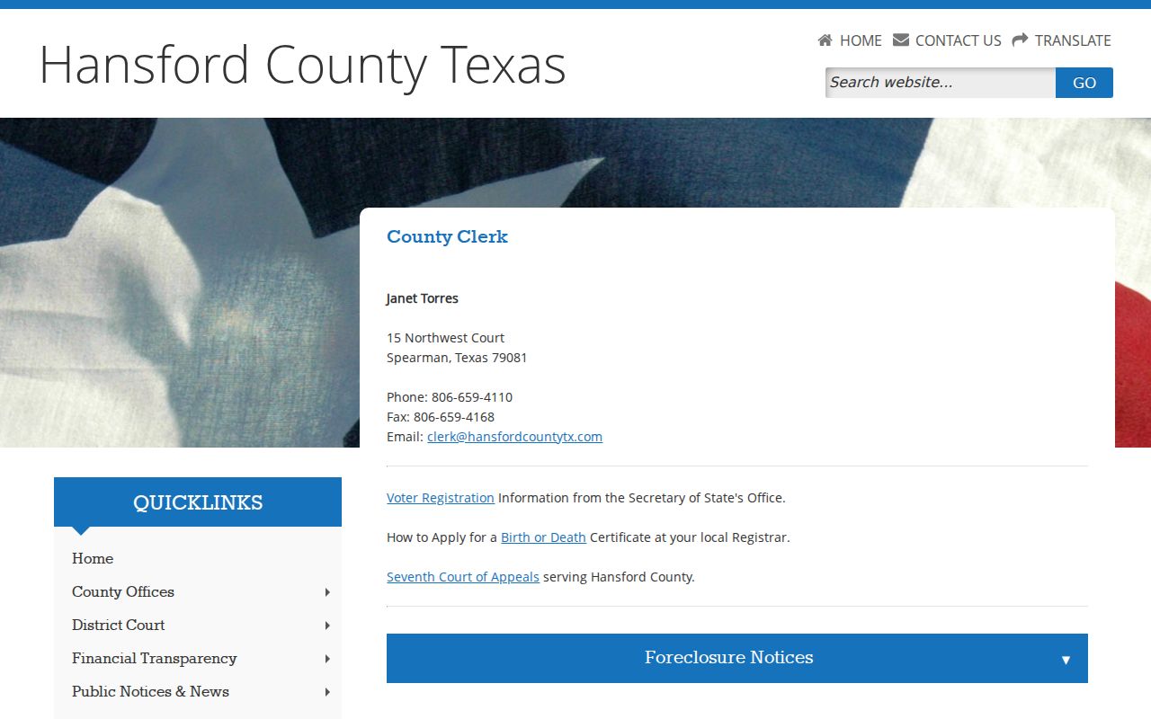 Hansford County court records clerk contact page