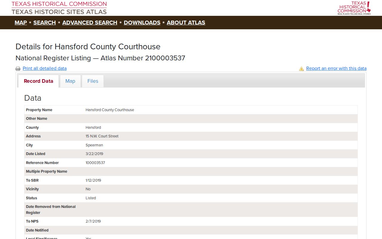 Texas Historical Commission record for the Hansford County Courthouse